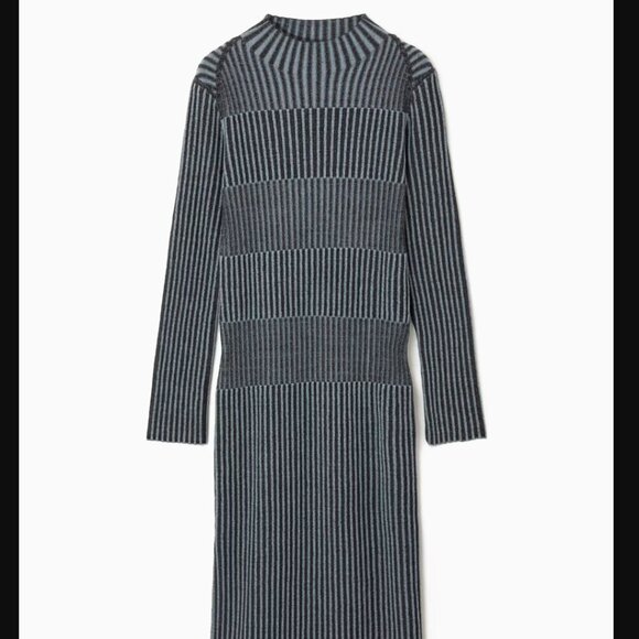COS Ribbed Knit Mock Neck Long Sleeve Sweater Thick Midi Dress Blue Black Size L - Picture 9 of 11